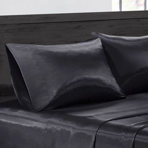4-Piece:Ultra Soft Silky Satin Bed Sheet Set - BLACK - QUEEN SIZE